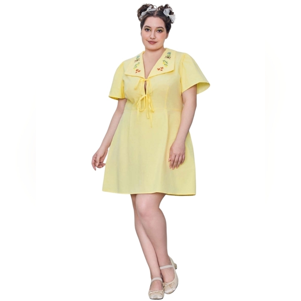 Cider Dress Women Lemon Embroidered Shortsleeve Tie Front Knee Length OXL NWT - Picture 2 of 12